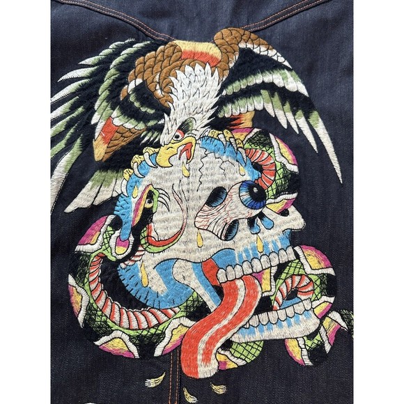 Ed Hardy by Christian Audigier Embroidered Jean Jacket Denim Blazer Mens 2XL EUC - Picture 3 of 6